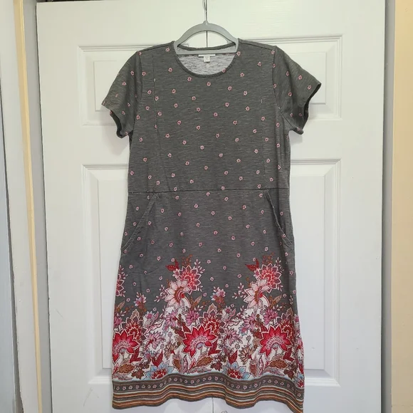 J.Jill Grey Floral Tshirt Dress Pockets Cotton Casual Boho‎ Size M - Picture 8 of 14